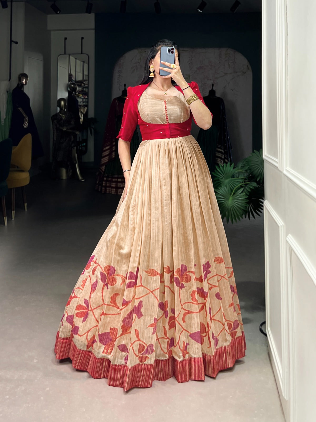 Silk gown paired with a statement Banglori jacket
