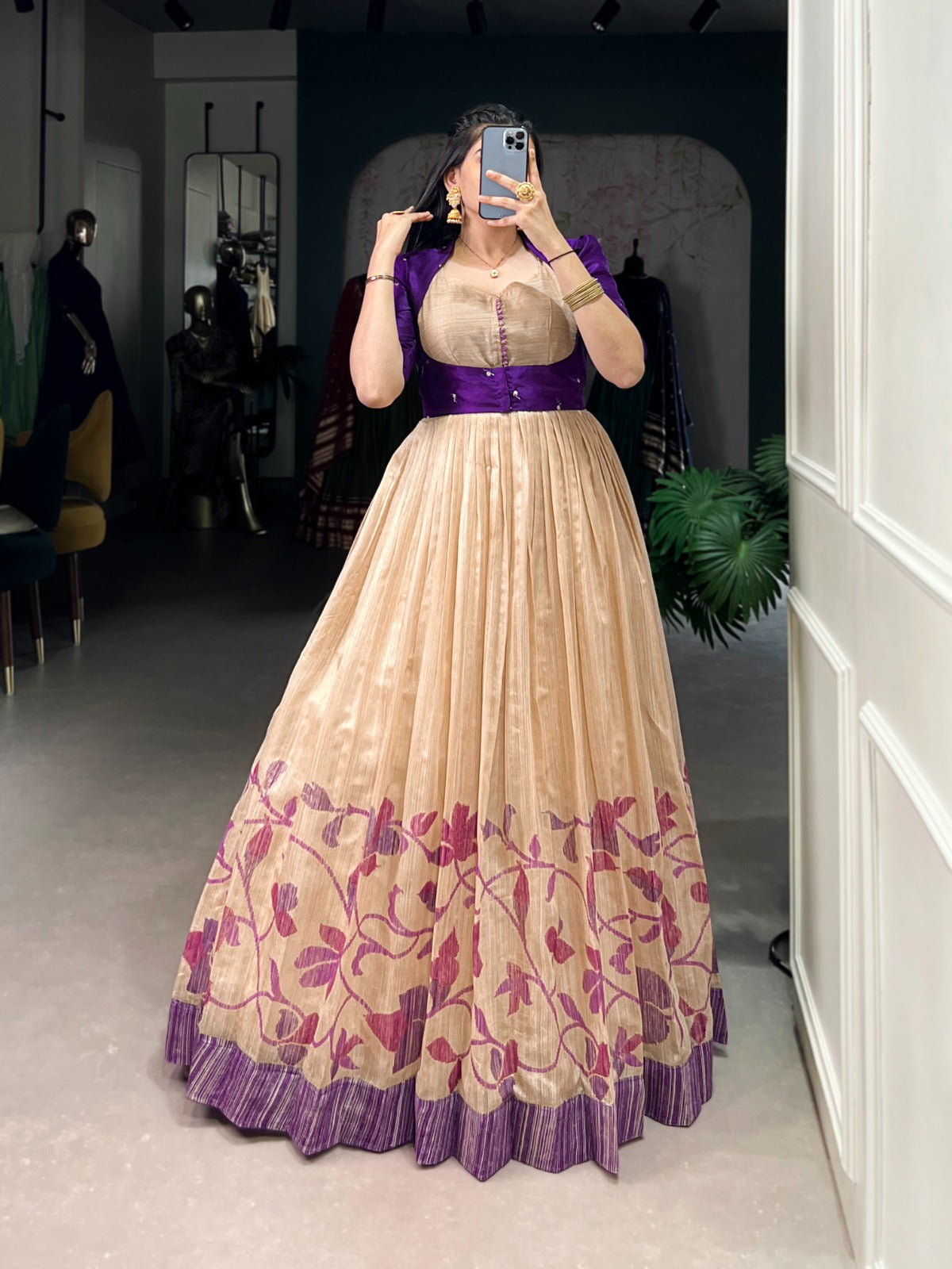 Silk gown paired with a statement Banglori jacket