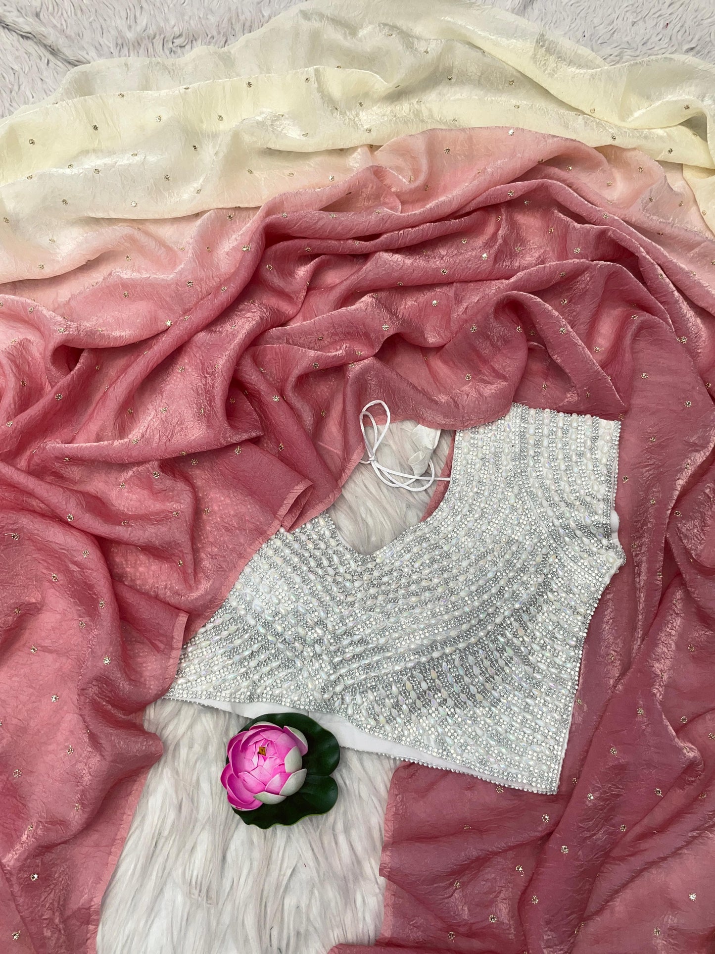 Crushed Fendy Silk Saree with white pearl blouse