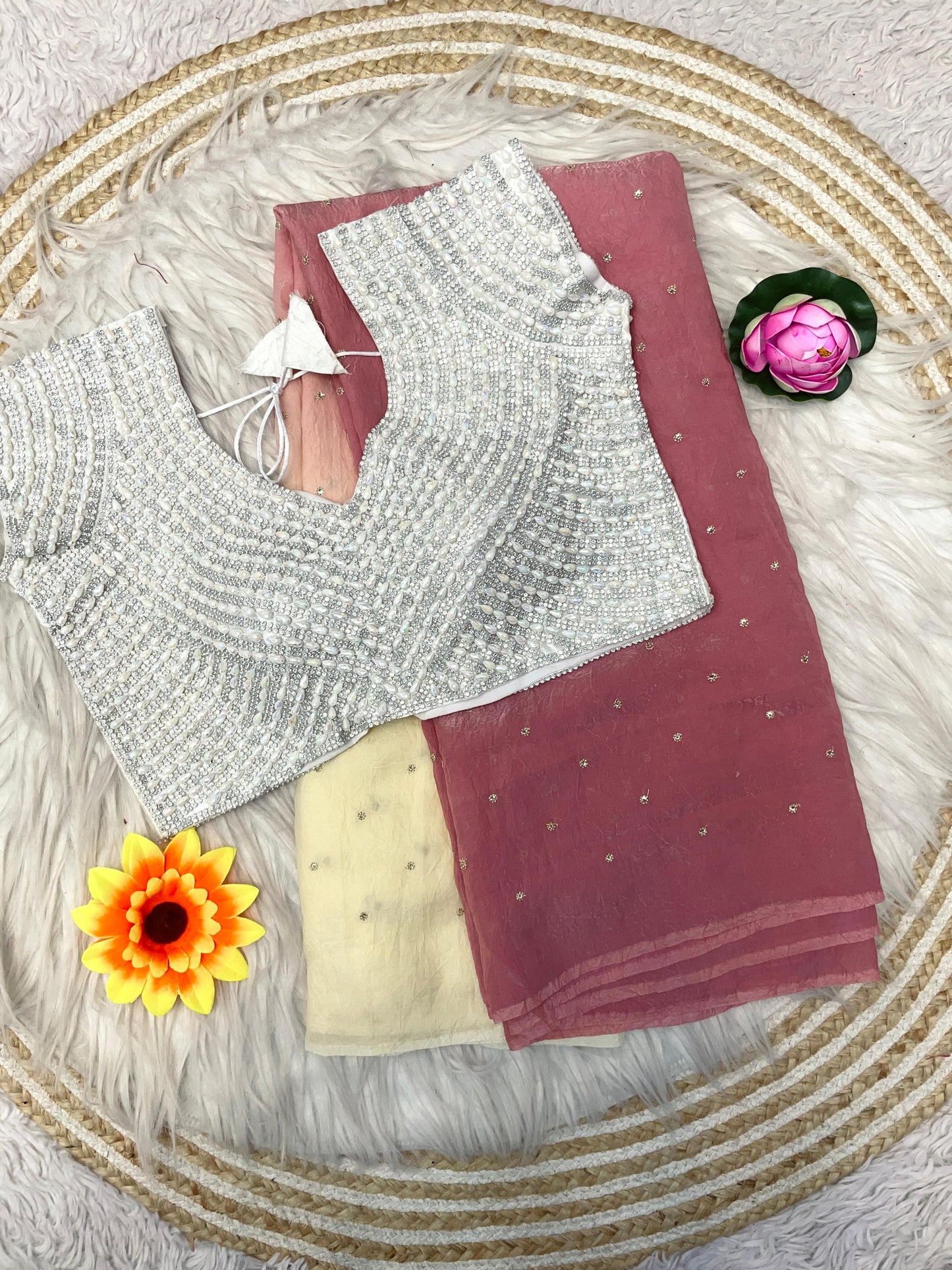 Crushed Fendy Silk Saree with white pearl blouse