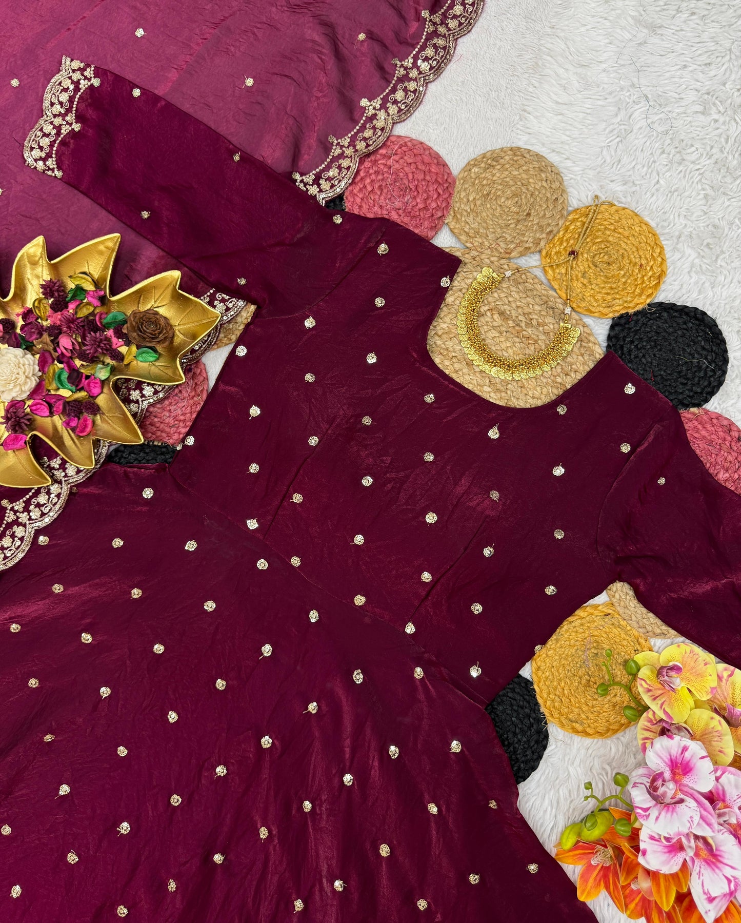 Soft Space Silk Sequins Embroidery Gown with Dupatta