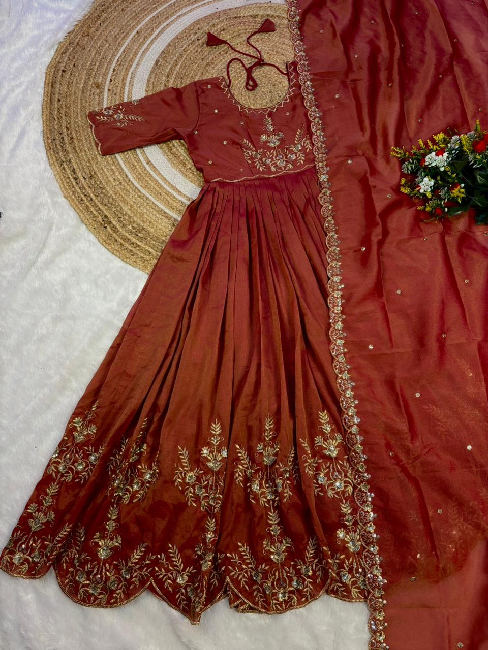 Tissue Embroidered Gown With Dupatta Set