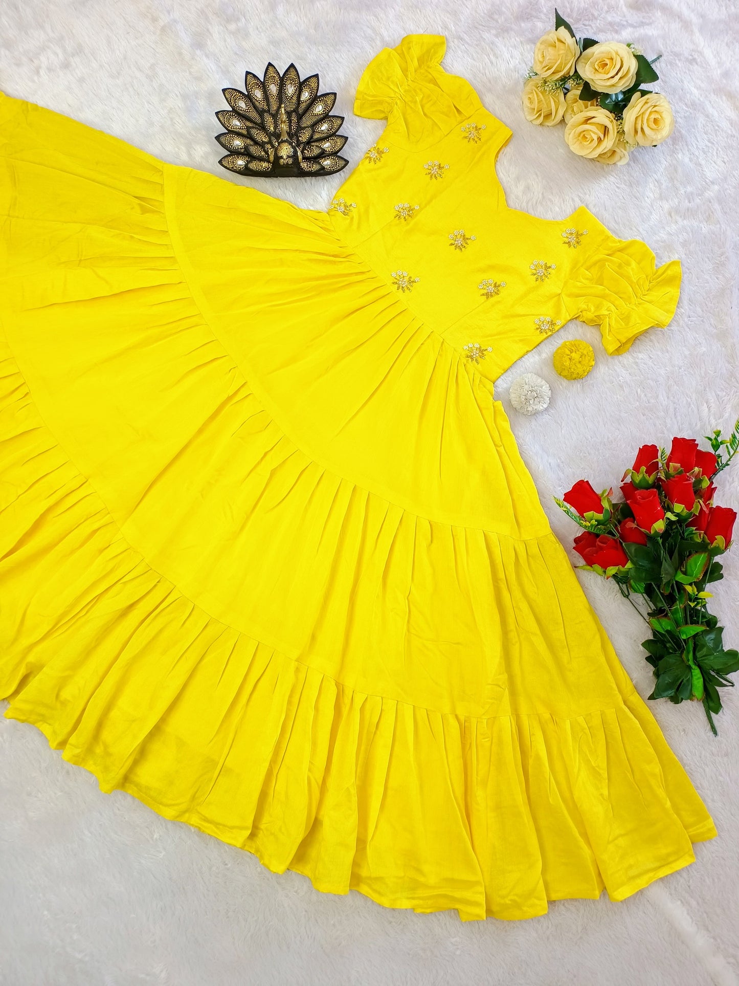 Designer Soft Cotton Midi Dress with Hand Pearl Work