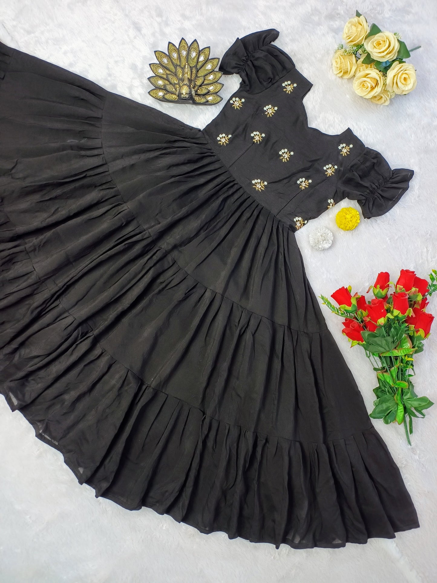 Designer Soft Cotton Midi Dress with Hand Pearl Work