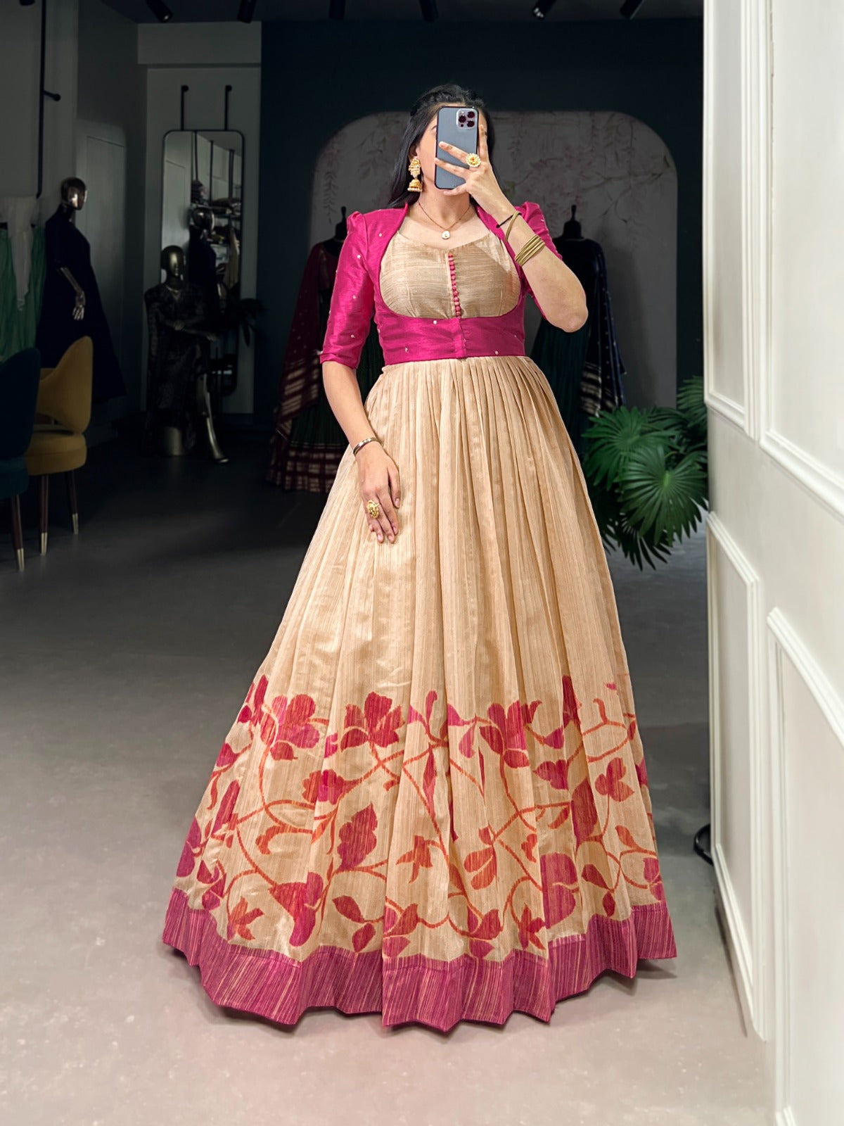 Silk gown paired with a statement Banglori jacket