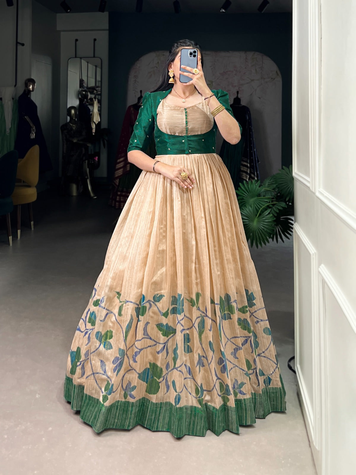 Silk gown paired with a statement Banglori jacket