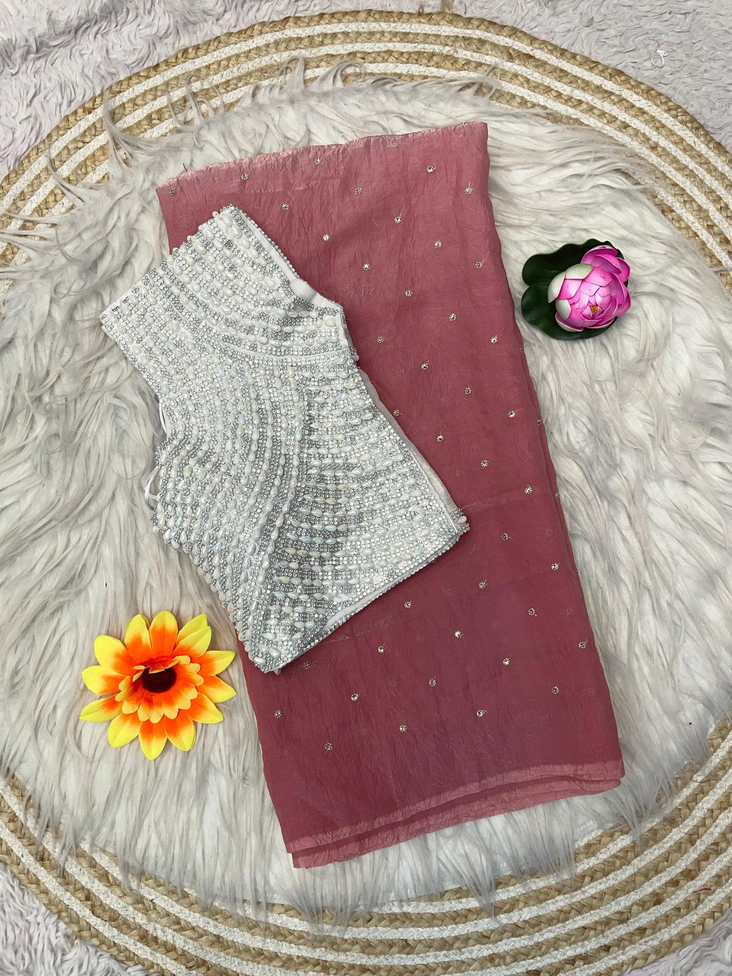 Crushed Fendy Silk Saree with white pearl blouse