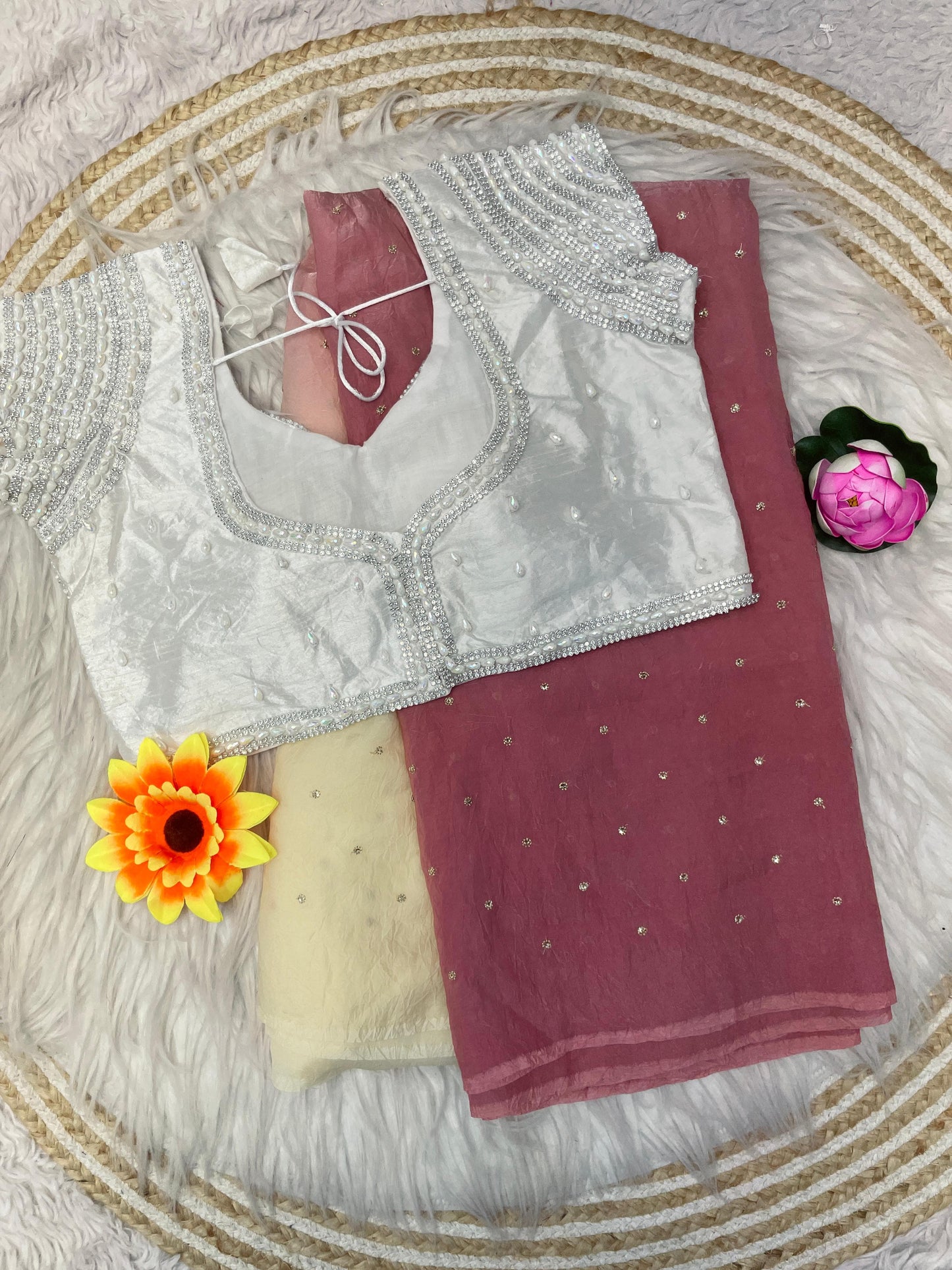Crushed Fendy Silk Saree with white pearl blouse
