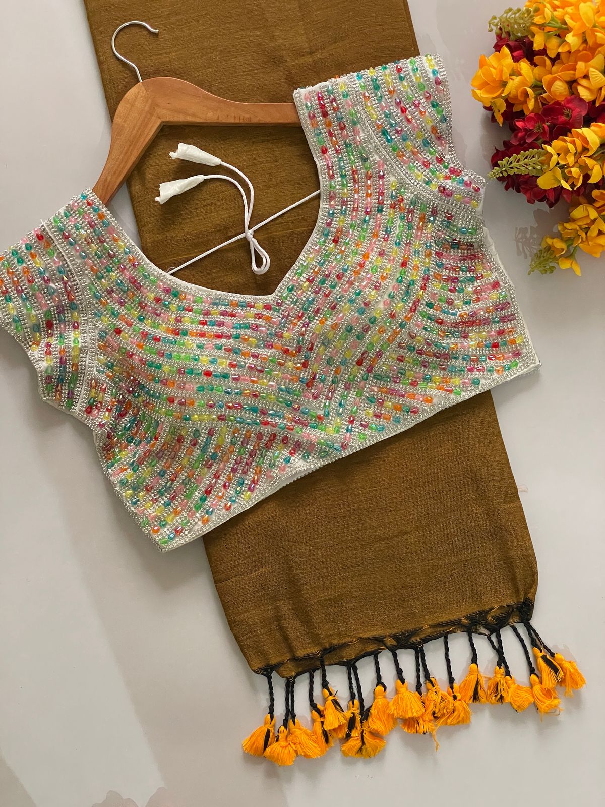 Khadi Cotton Saree with Tassels on Border