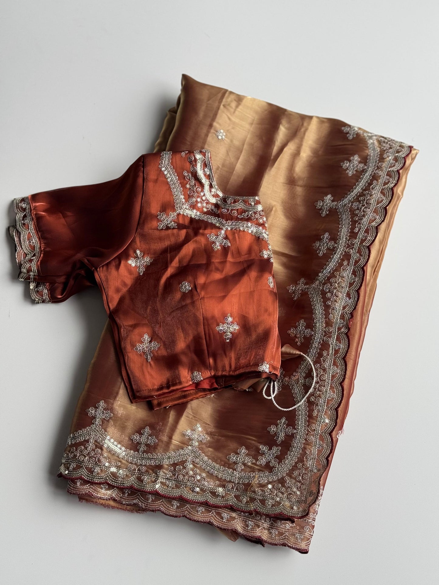 Soft Satin Jimmy Choo Saree with Sequin & Jari Embroidery