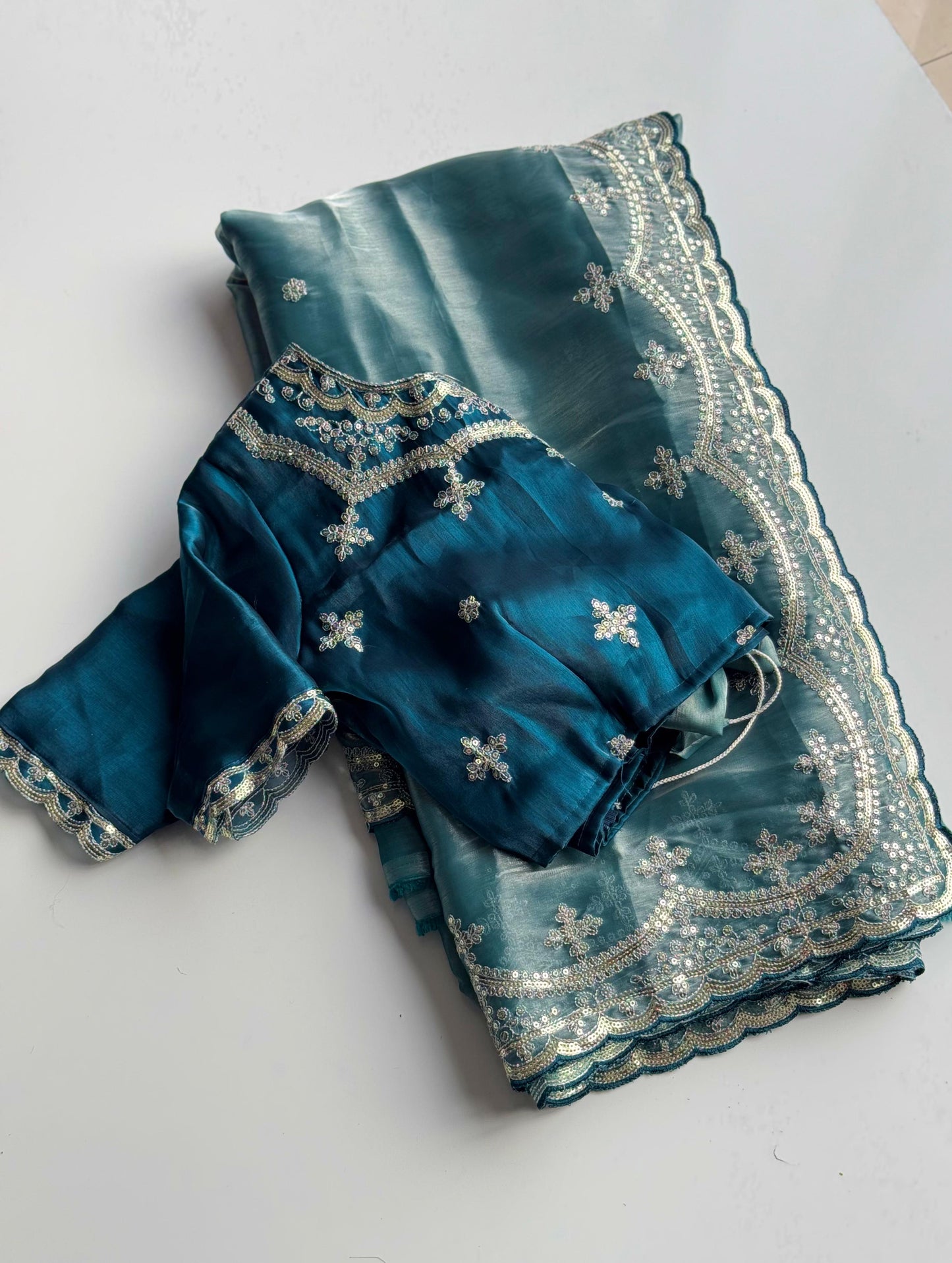 Soft Satin Jimmy Choo Saree with Sequin & Jari Embroidery