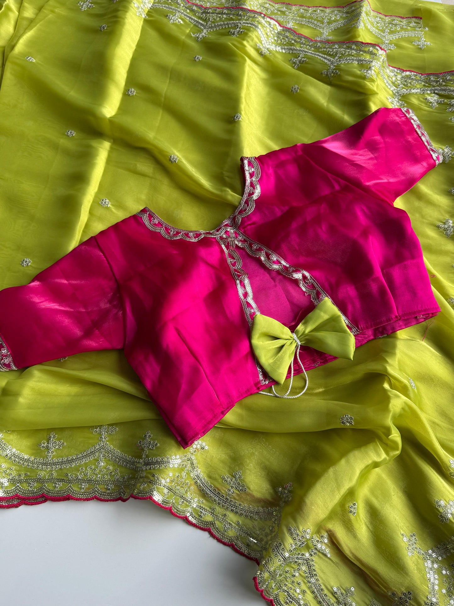 Soft Satin Jimmy Choo Saree with Sequin & Jari Embroidery