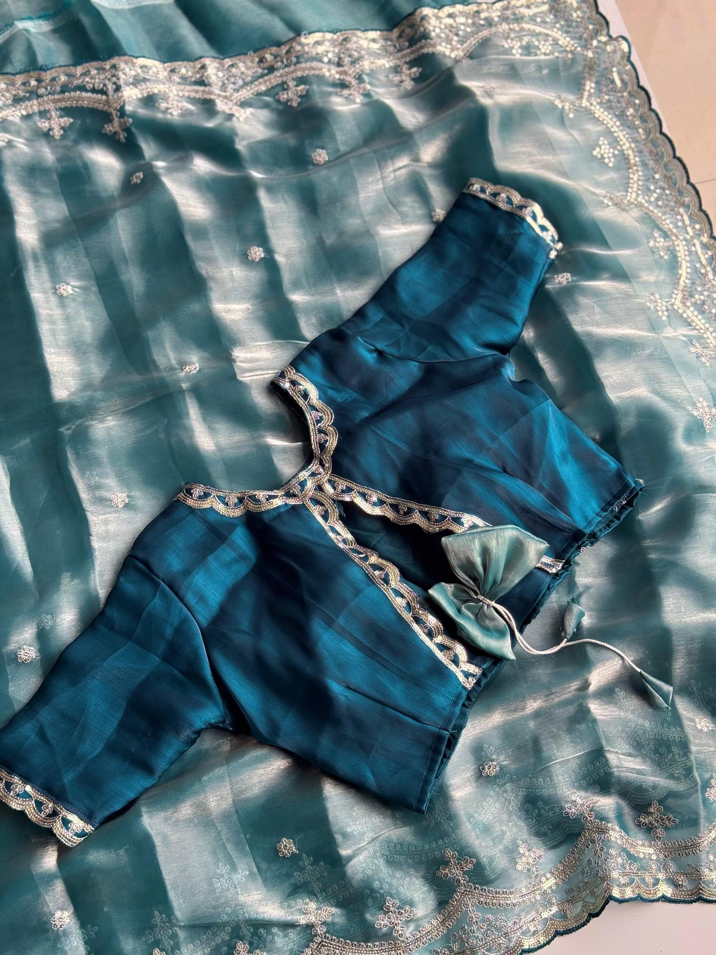 Soft Satin Jimmy Choo Saree with Sequin & Jari Embroidery