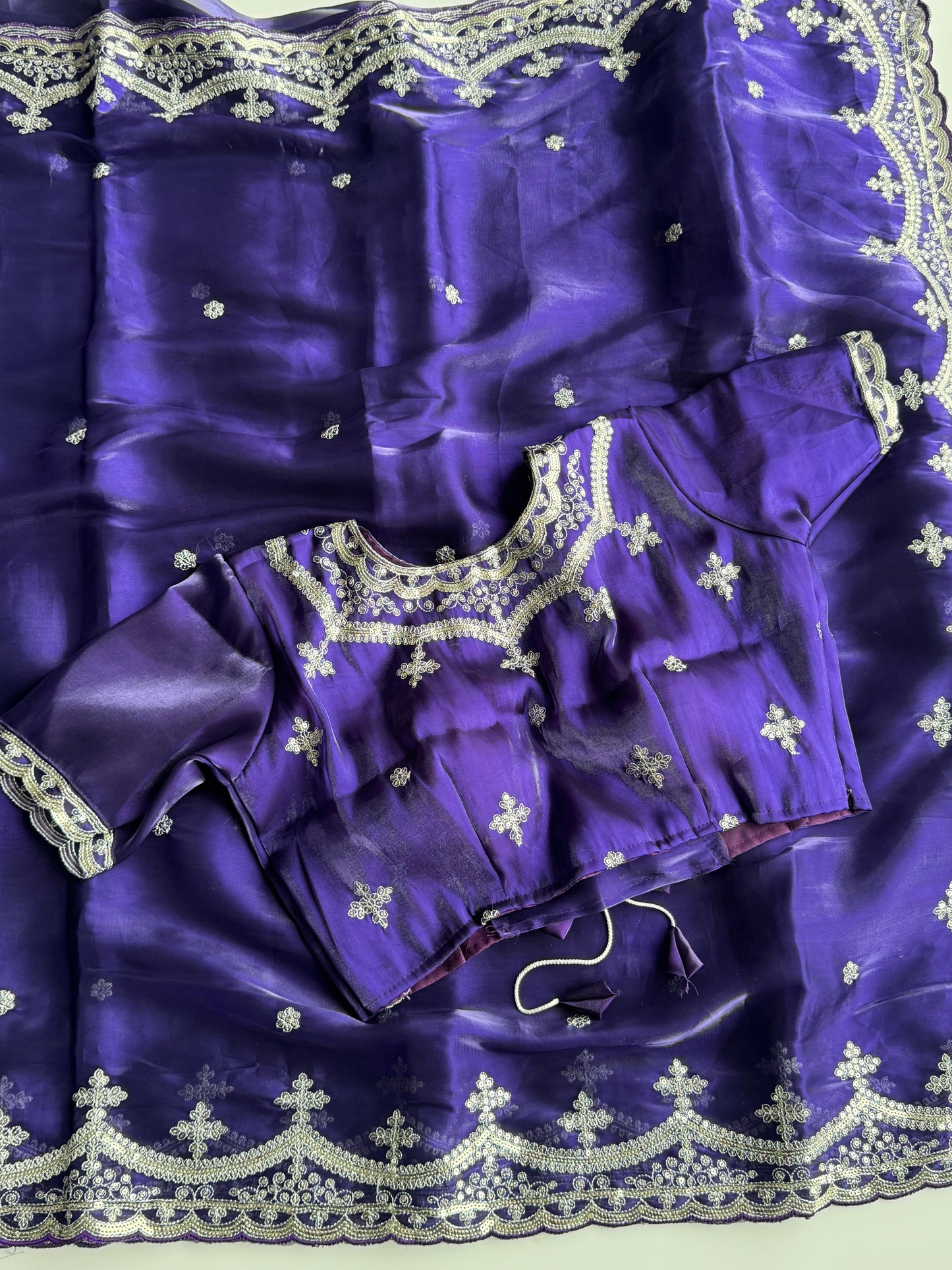 Soft Satin Jimmy Choo Saree with Sequin & Jari Embroidery