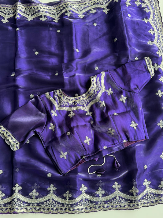 Soft Satin Jimmy Choo Saree with Sequin & Jari Embroidery