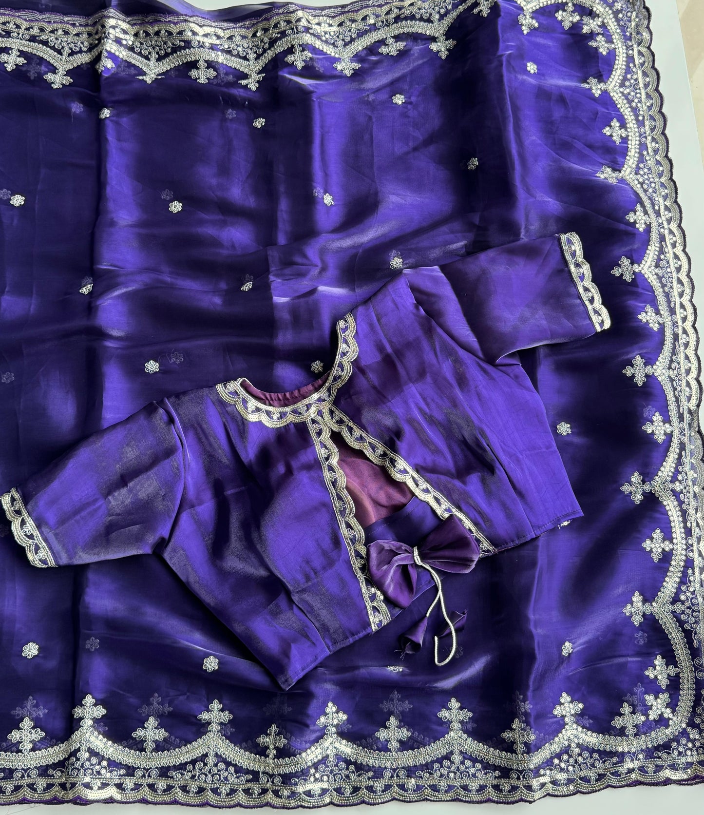 Soft Satin Jimmy Choo Saree with Sequin & Jari Embroidery