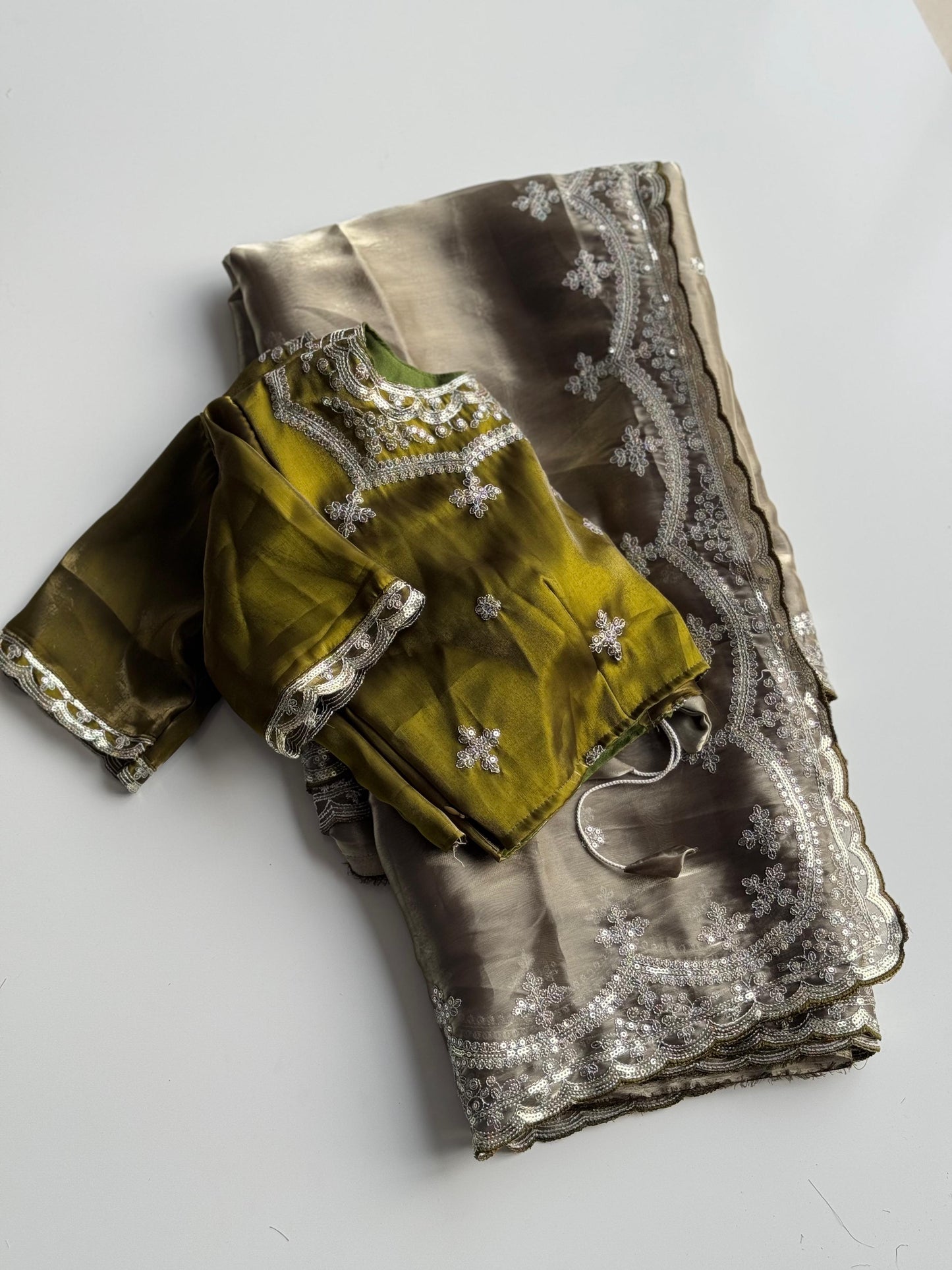 Soft Satin Jimmy Choo Saree with Sequin & Jari Embroidery