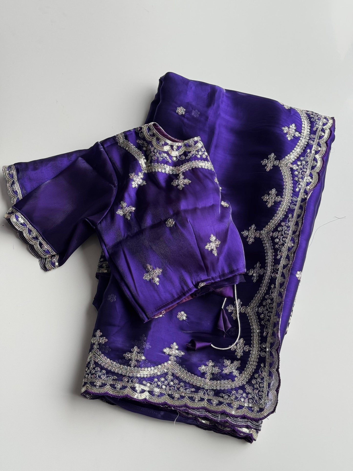Soft Satin Jimmy Choo Saree with Sequin & Jari Embroidery