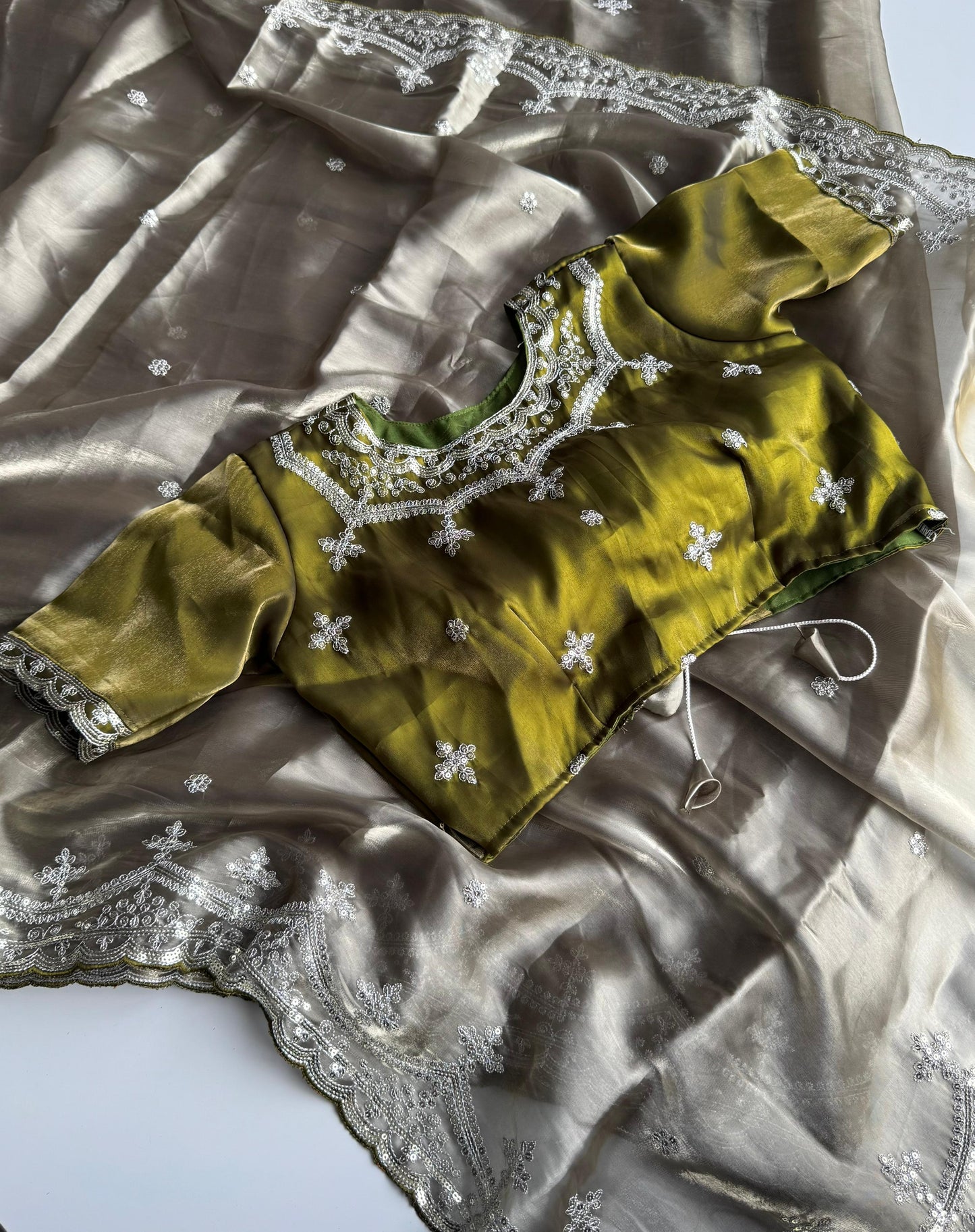 Soft Satin Jimmy Choo Saree with Sequin & Jari Embroidery