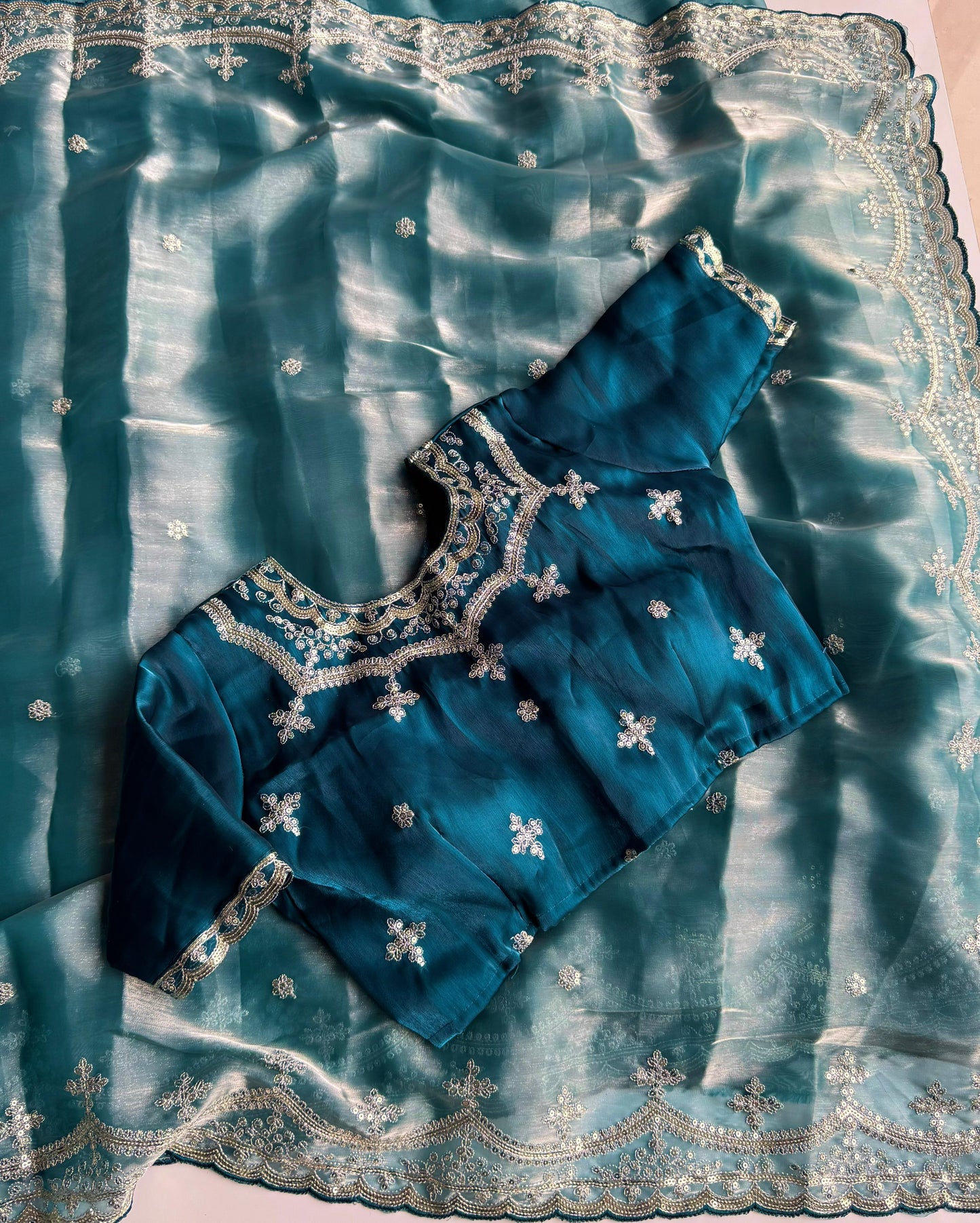 Soft Satin Jimmy Choo Saree with Sequin & Jari Embroidery