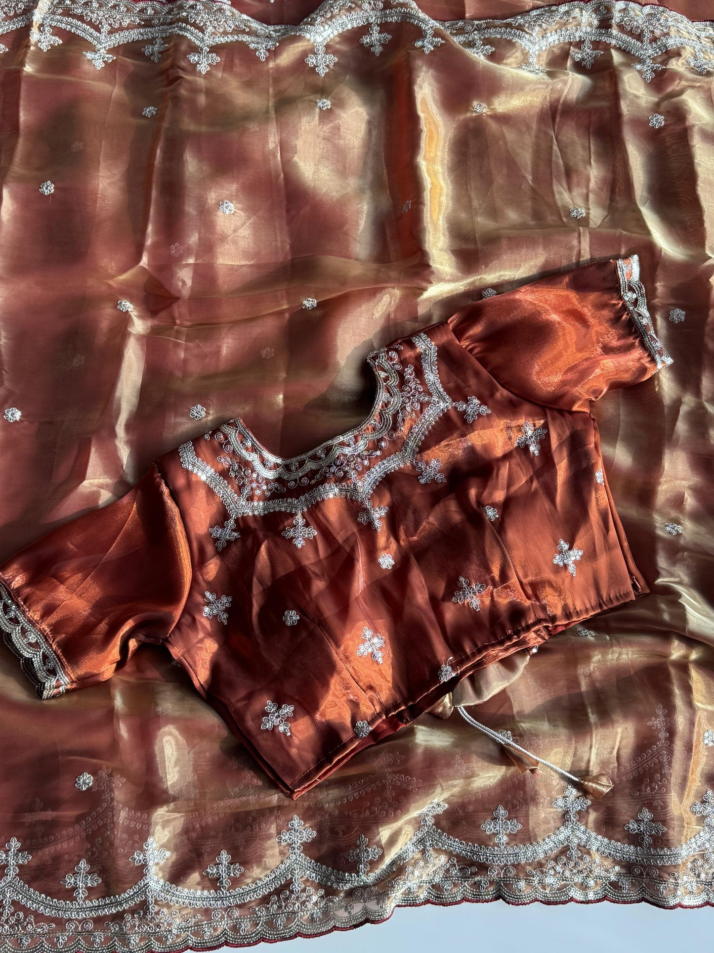 Soft Satin Jimmy Choo Saree with Sequin & Jari Embroidery