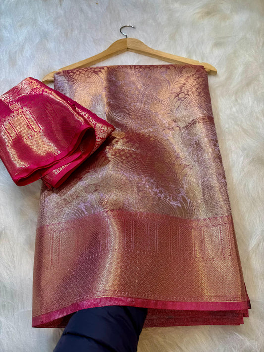 Banarasi Saree with Zari Floral Weaving & Contrast Border