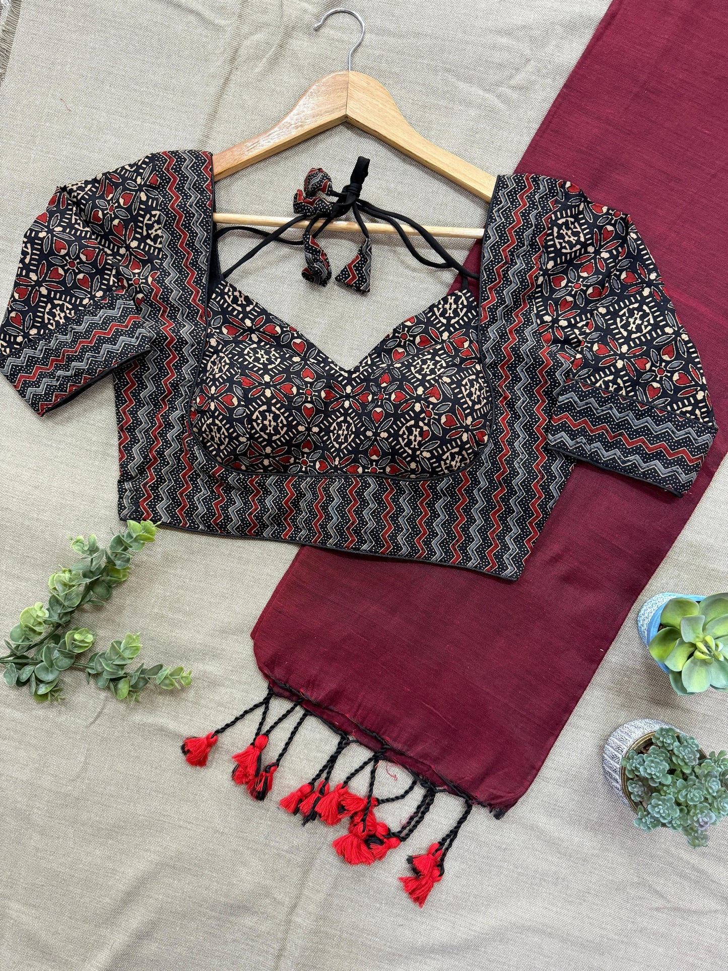 Khadi Cotton Saree with Ajrakh Blouse