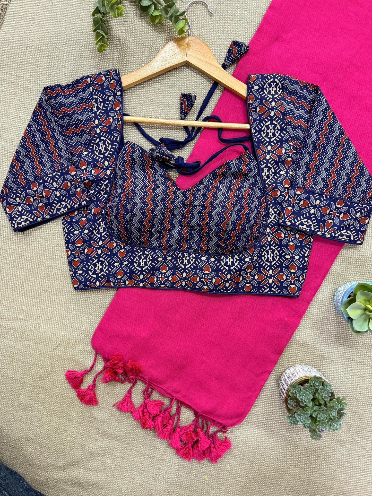 Khadi Cotton Saree with Ajrakh Blouse