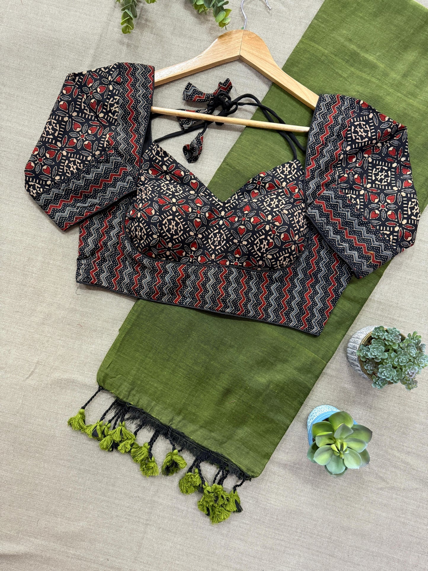 Khadi Cotton Saree with Ajrakh Blouse