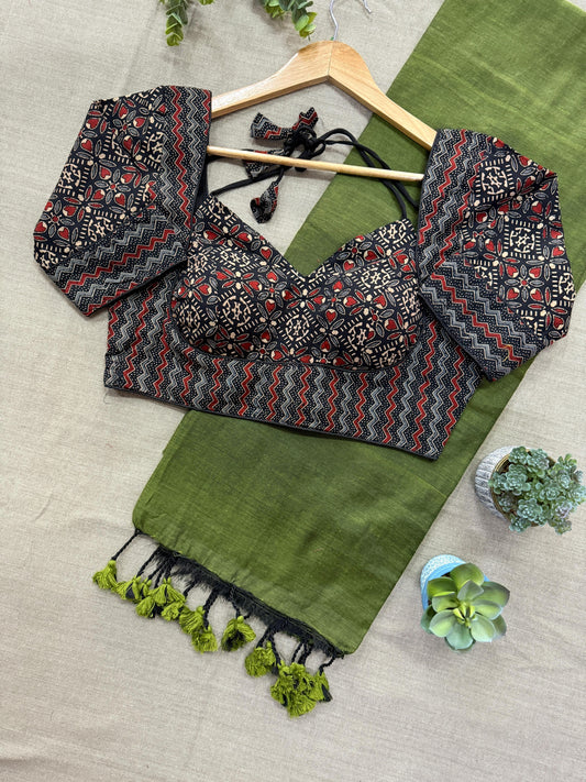 Khadi Cotton Saree with Ajrakh Blouse