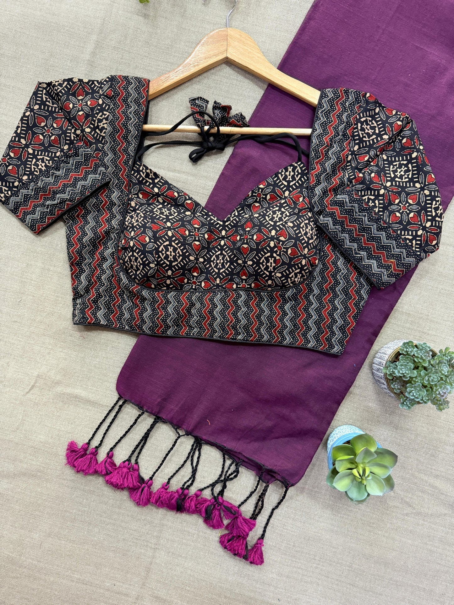 Khadi Cotton Saree with Ajrakh Blouse