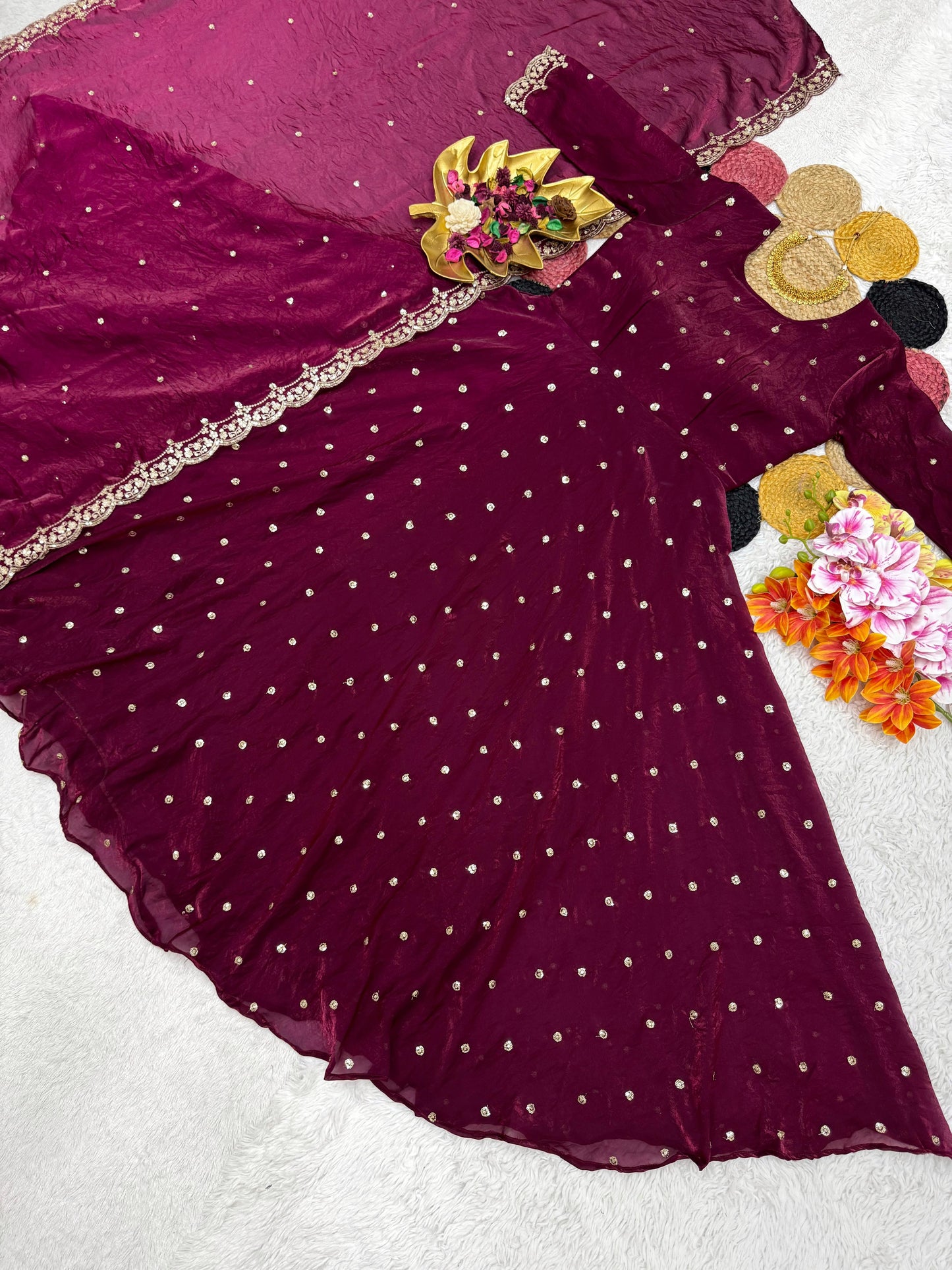 Soft Space Silk Sequins Embroidery Gown with Dupatta