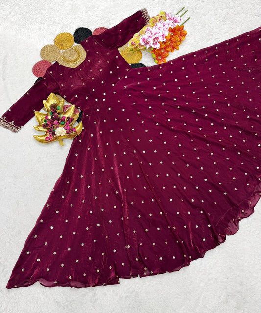 Soft Space Silk Sequins Embroidery Gown with Dupatta