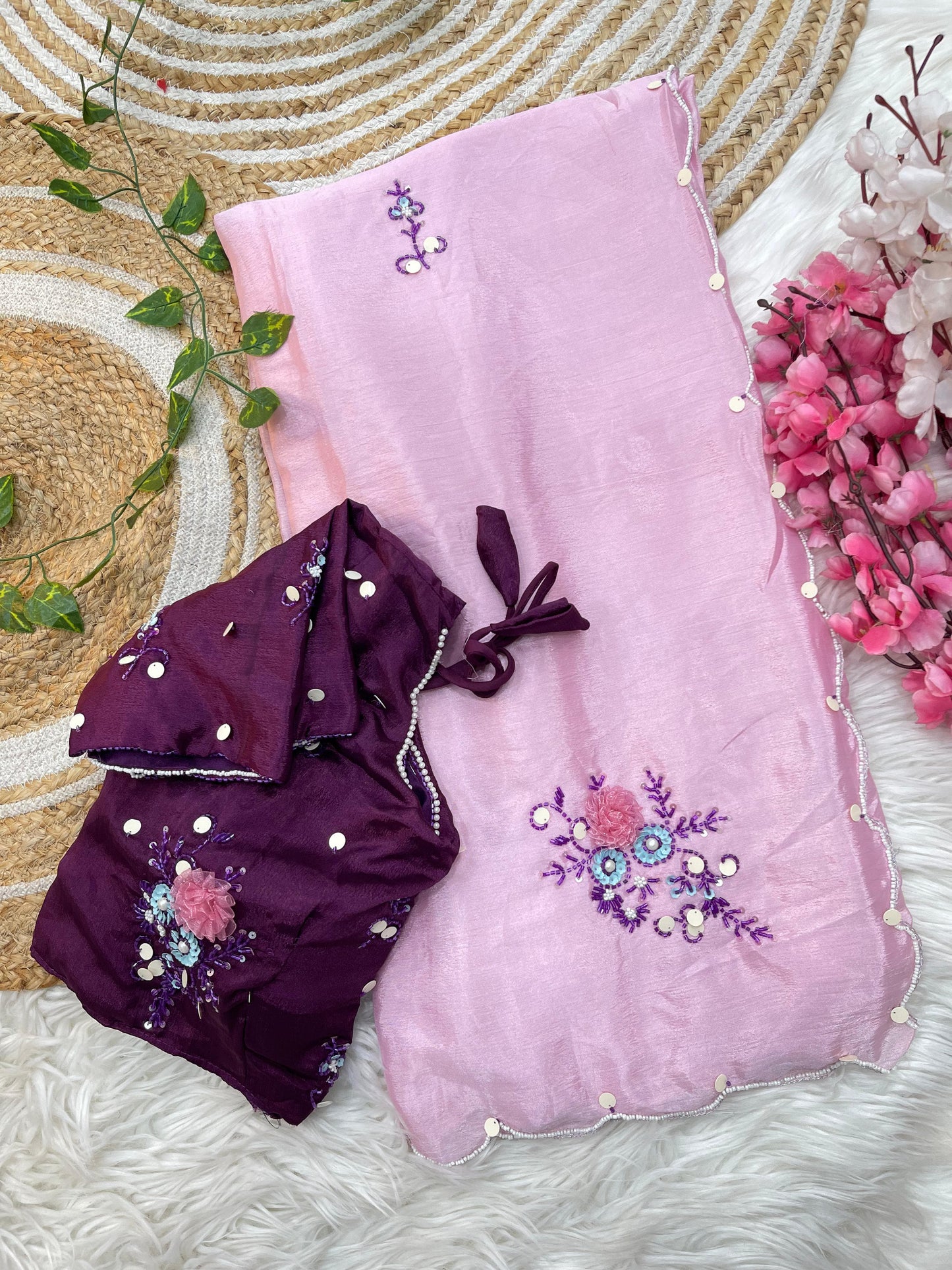 Chinnon Saree with Handwork Khatli Buttas
