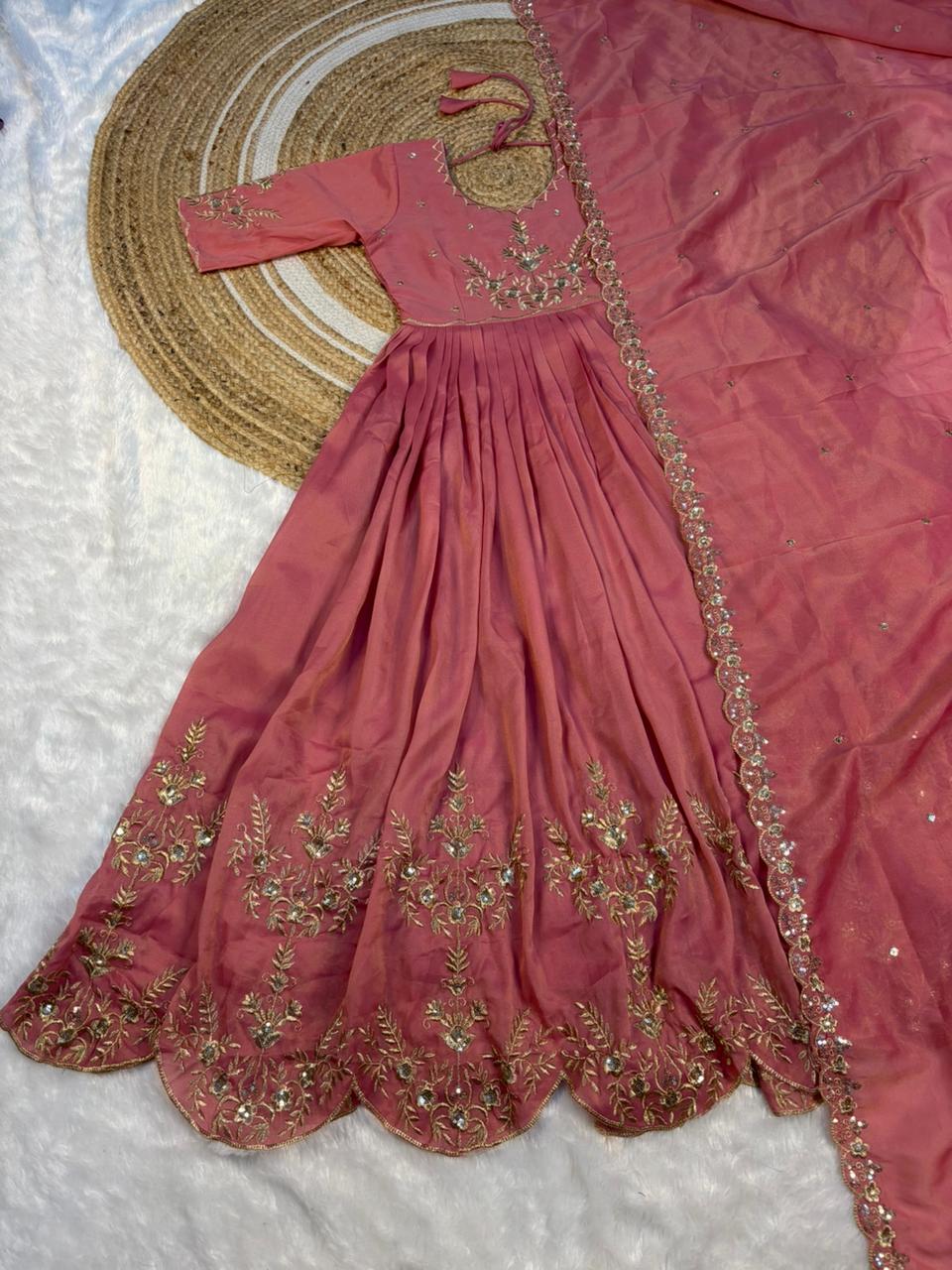 Tissue Embroidered Gown With Dupatta Set