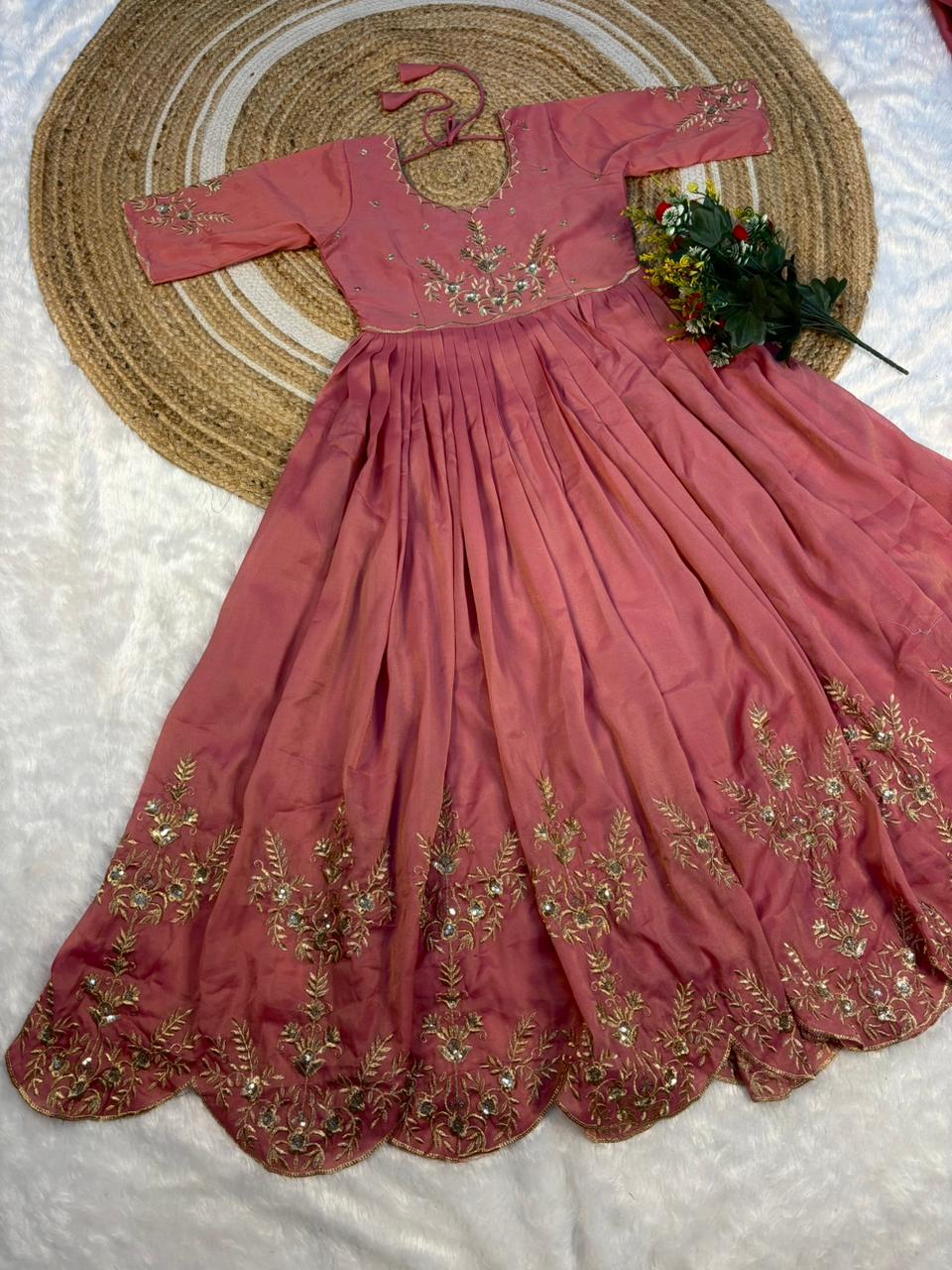 Tissue Embroidered Gown With Dupatta Set