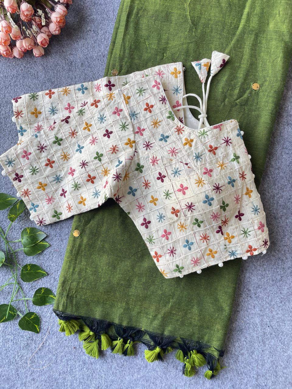 Khadi Cotton Saree with Embroidered Blouse