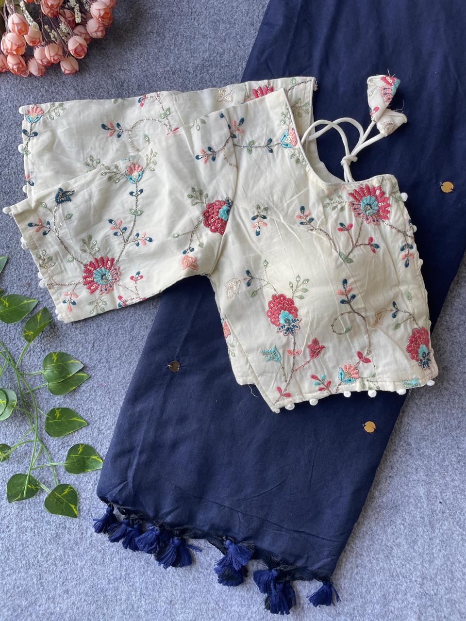 Khadi Cotton Saree with Embroidered Blouse