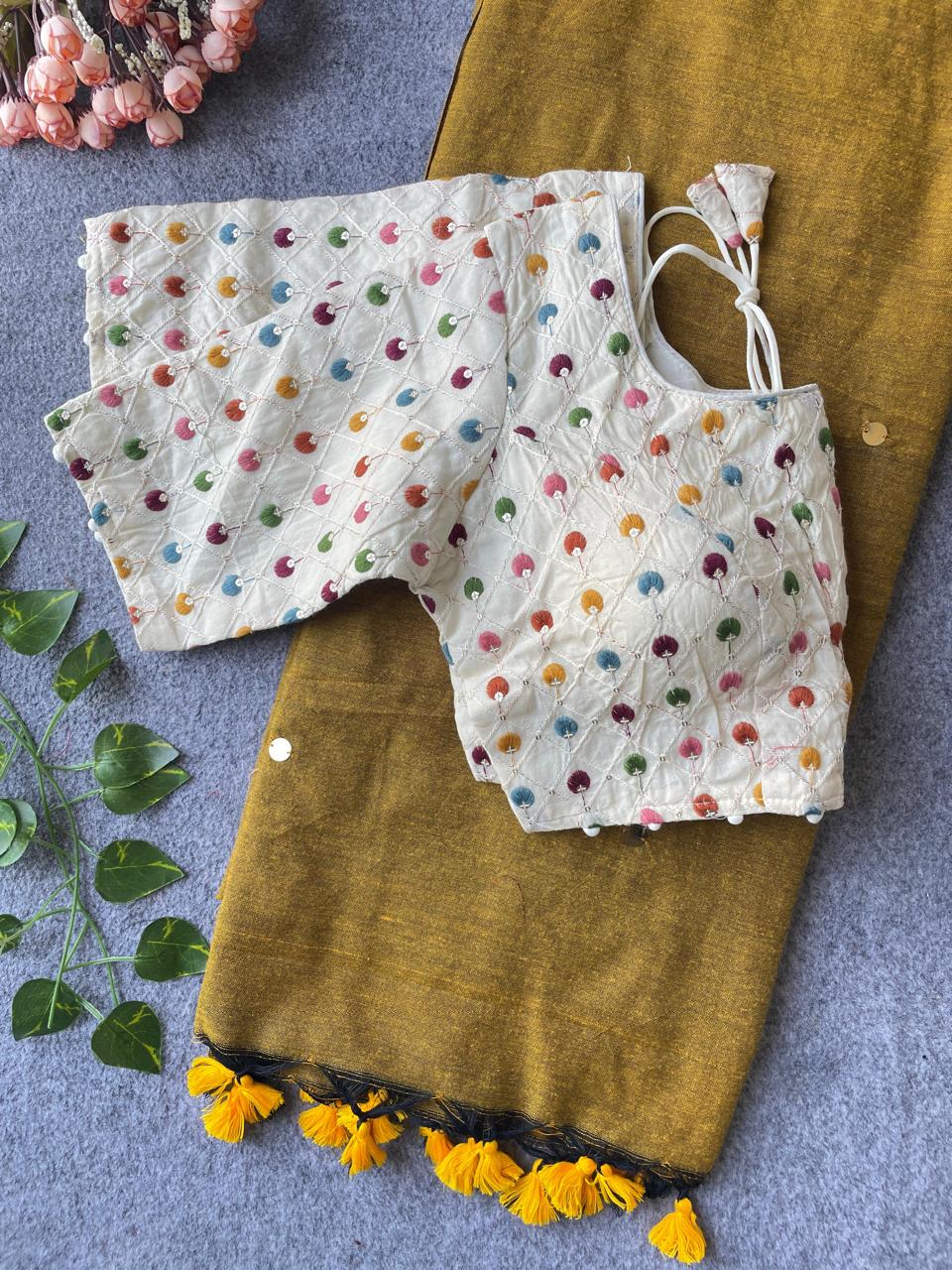 Khadi Cotton Saree with Embroidered Blouse