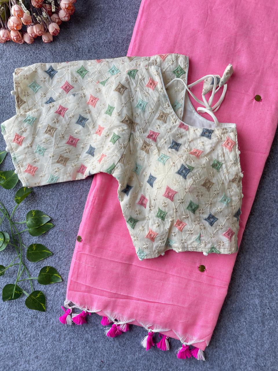 Khadi Cotton Saree with Embroidered Blouse