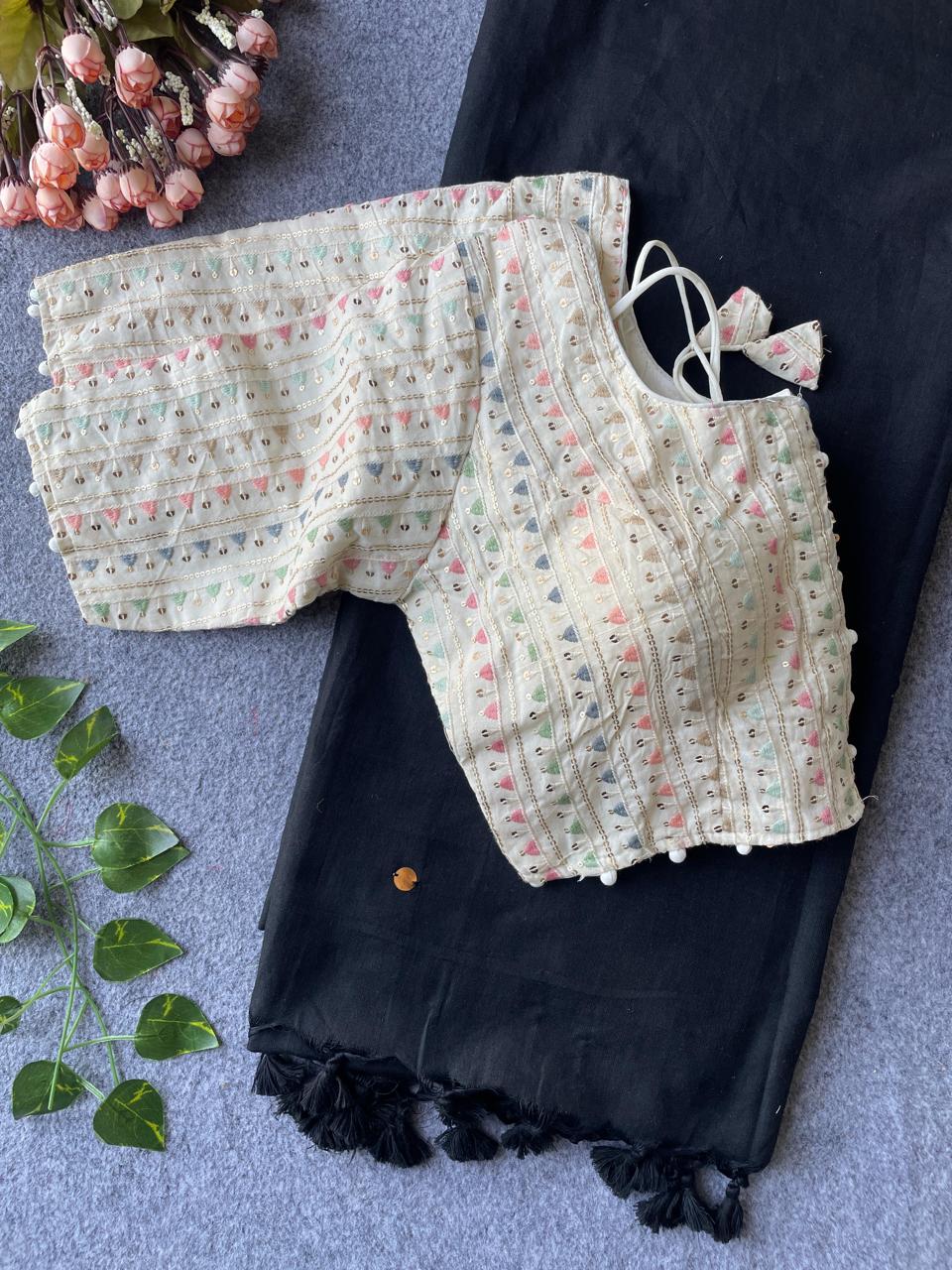 Khadi Cotton Saree with Embroidered Blouse