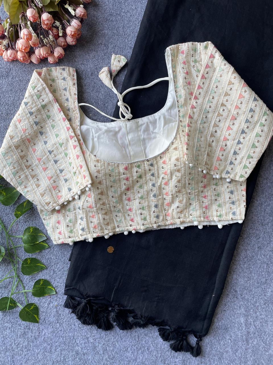 Khadi Cotton Saree with Embroidered Blouse