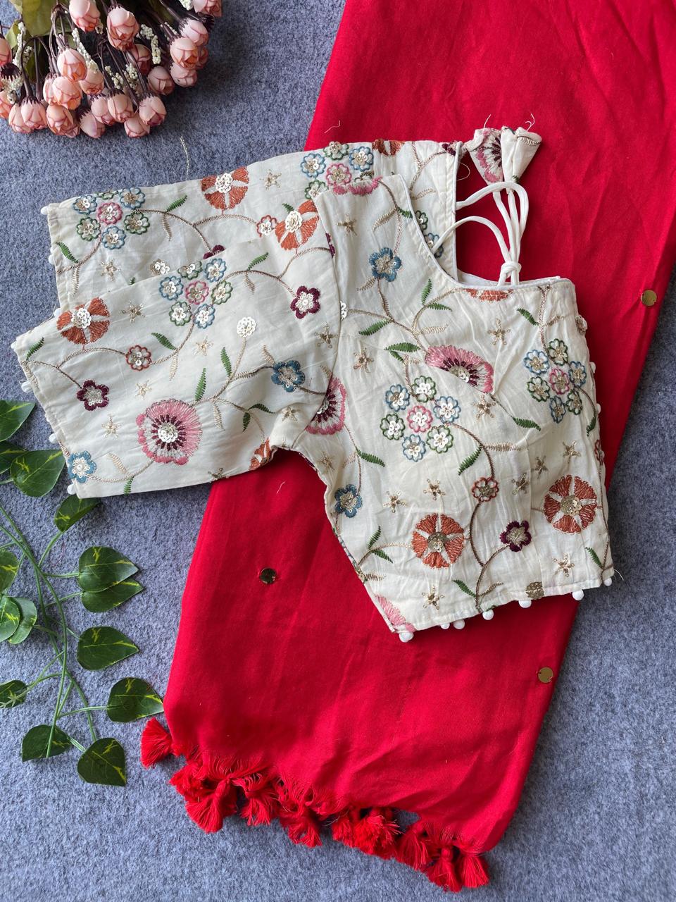 Khadi Cotton Saree with Embroidered Blouse