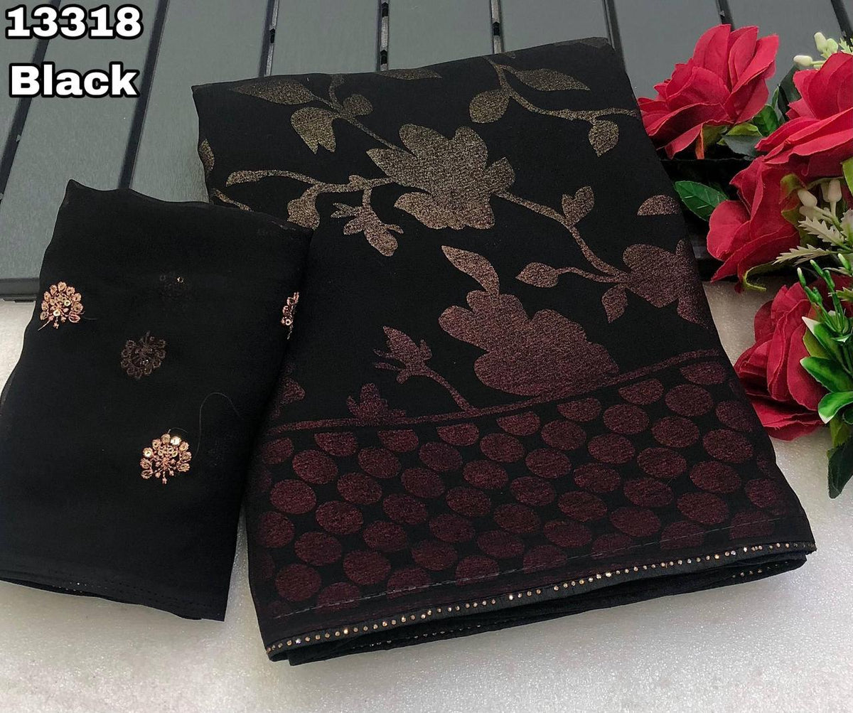 Flower Embroided Black Saree
