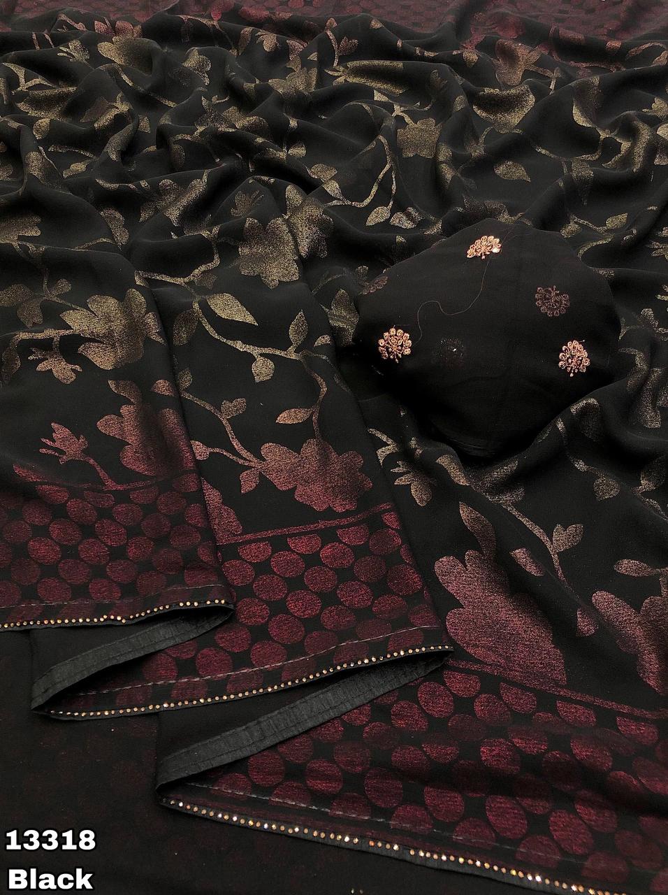 Flower Embroided Black Saree