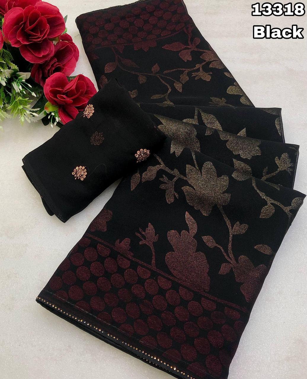 Flower Embroided Black Saree