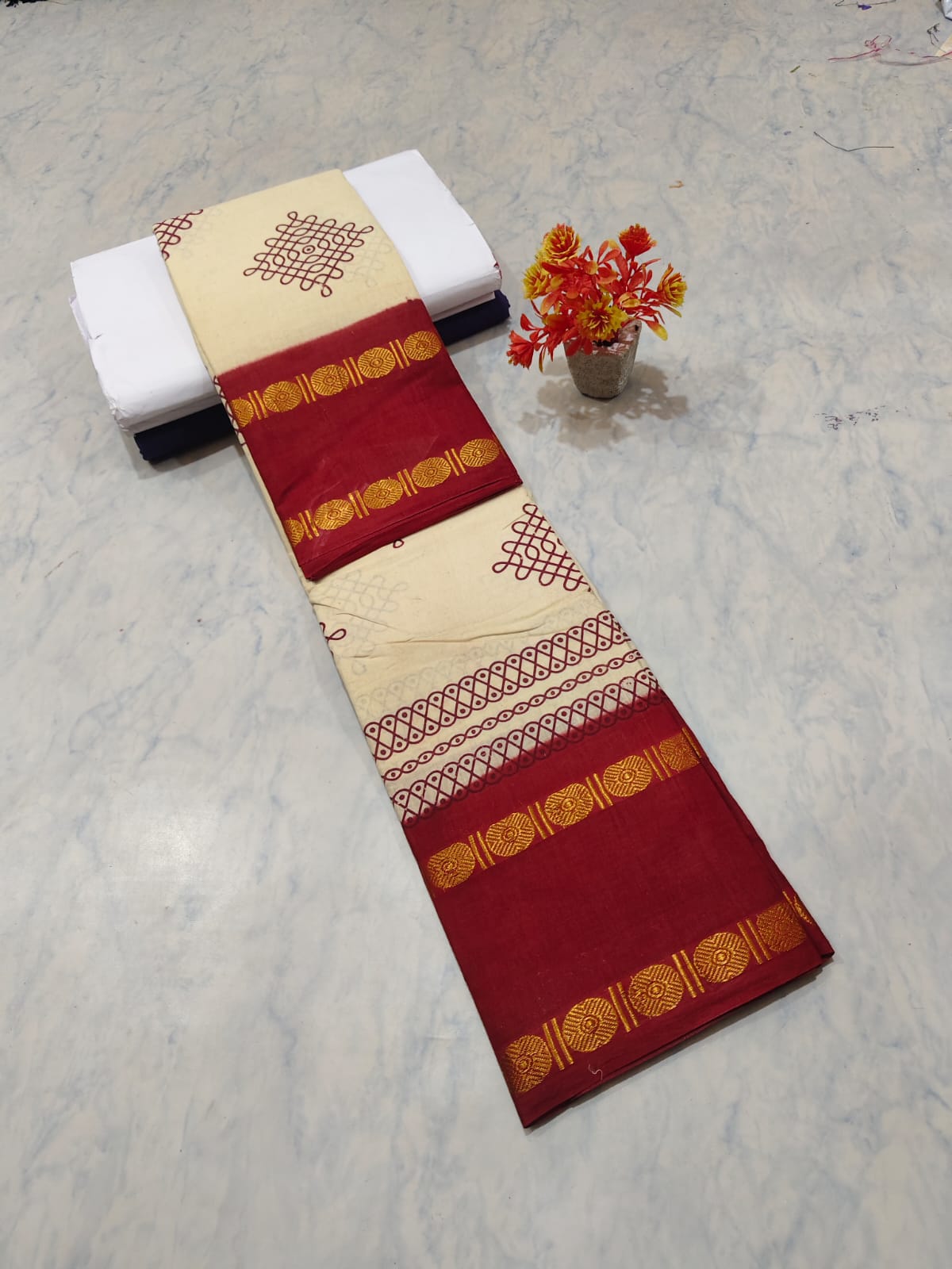 Kolam Printed Cotton Saree