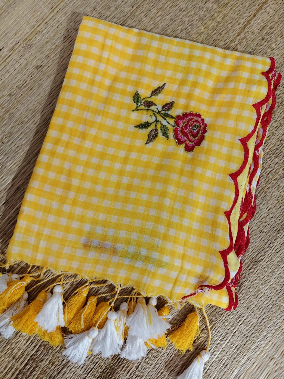 Check with scalp embroidery  Saree