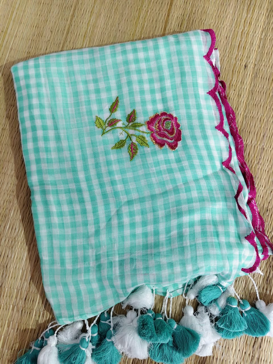 Check with scalp embroidery  Saree