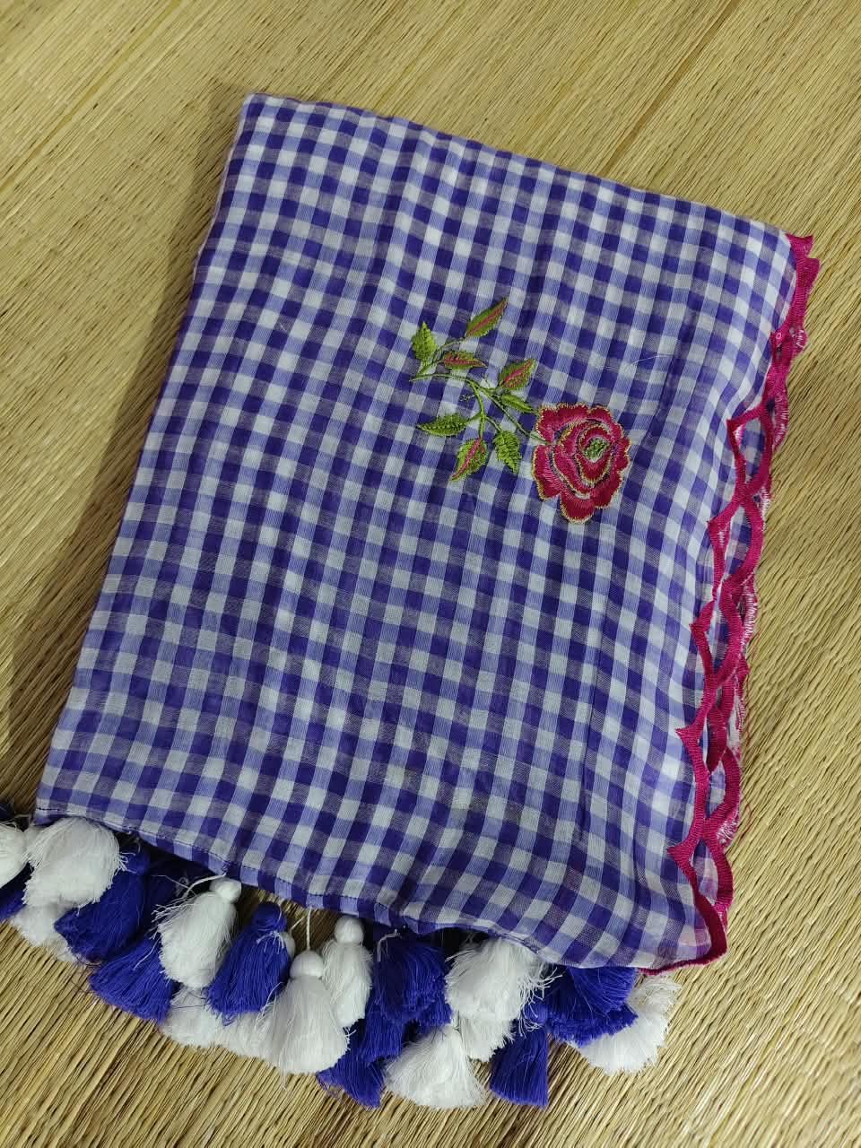 Check with scalp embroidery  Saree